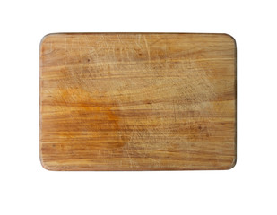 Old wooden cutting board with scratches on white background.