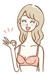 下着姿の女性　上半身　OKサイン