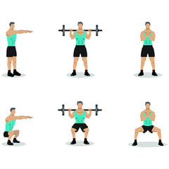 Set of people doing workout. Squats, Squats with barbell. Fitness and bodybuilding exercise in the gym. People with barbell. Healthy and active lifestyle. Isolated vector illustration - Vector