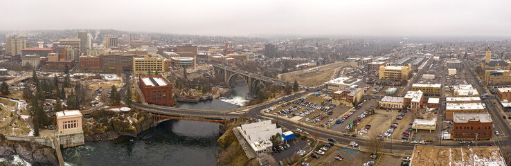 Spokane River and City Skyline Panoramic Aerial View Washington/USA