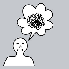 A person with a sad face and a meander line in speech bubble isolated on grey background 