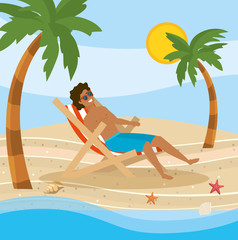 Obraz na płótnie Canvas man wearing bathing shorts in the tanning chair taking sun