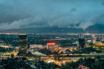 Night cityscape view from Universal City Overlook, on Mulholland Drive, in Los Angeles, California