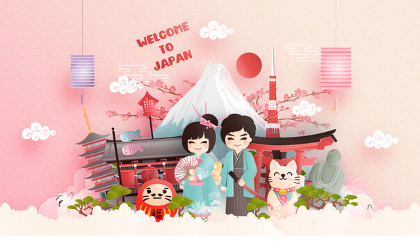 Travel postcard, poster, tour advertising of world famous landmarks of Japan with Fuji mountain and Japanese people in Kimono dress in paper cut style. Vector illustration 