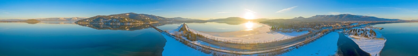Sandpoint Idaho 360 View Waterfront at Sunset Winter Snowy Sun Panoramic Landscape