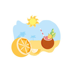 summer cocktail of coconut in the beach with orange