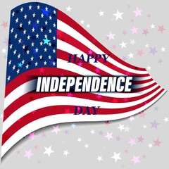 USA Independence Day greeting card, flag with the signature of Happy Independence Day, on a light background with bright stars.