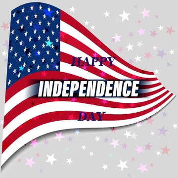 USA Independence Day greeting card, flag with the signature of Happy Independence Day, on a light background with bright stars.