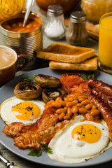 Full English breakfast, with sausage, mushrooms, beans and a fried egg.