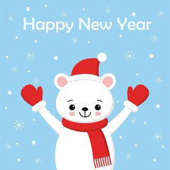 Polar bear cartoon character. A Cute Polar bear wearing Santa Claus hat Vector illustration for Happy New Year invitation card.