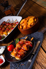 marinated kebab skewers with meat and vegetables