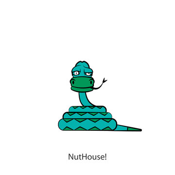 Cartoon reptile character. A funny tangled snake lies with its head up and its tongue sticking out. Vector. 
