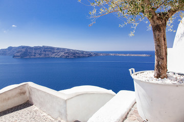 Obraz premium beautiful Oia town on Santorini island, Greece. Traditional white architecture and greek orthodox churches with blue domes over the Caldera, Aegean sea. Scenic travel background