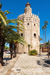 Fototapeta na wymiar Torre del Oro Gold Tower medieval landmark from early 13th century in Seville, Spain, Andalusia region .