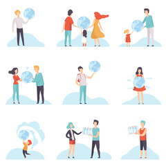People with Globes and Maps Set, Men, Women and Kids Holding Terrestrial Globe and Map Vector Illustration