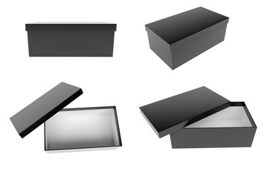 Black closed and open shoe box. 3d rendering illustration isolated