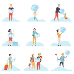 Fototapeta na wymiar People with Globes and Maps Set, Men, Women and Kids Holding Earth Globe and Map Vector Illustration