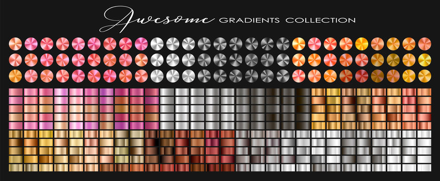 Trendy Gold, Silver, Copper, Rose gold, Ultra Violet collection, circular gradient set with silver, golden, copper, violet, purple, pink, red, white, grey... colors for design. Vector illustration. 