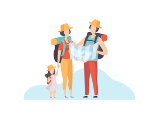 Family on Vacation, Mother, Father and Their Little Daughter Standing with Backpack and Map Vector Illustration