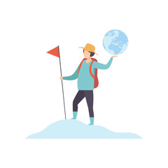 Young Man with Backpack Standing on Mountain Top and Holding Flag and Earth Globe Vector Illustration