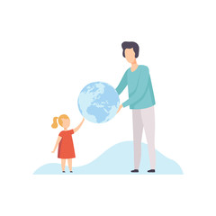 Young Man and Cute Girl Holding Big Terrestrial Globe, Father Giving Earth Globe to His Daughter Vector Illustration