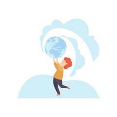 Cute Boy Holding Earthl Globe Over His Head Vector Illustration