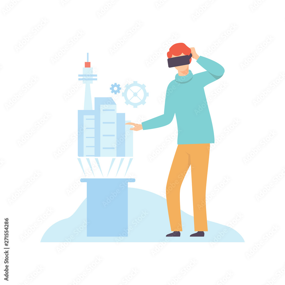Poster man in vr glasses headset using touching virtual reality interface, modern virtual technologies, inn