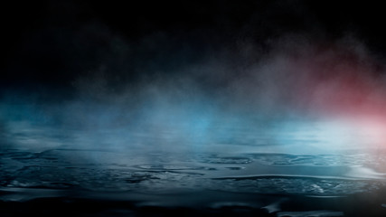 Empty street scene background with abstract spotlights light. Night view of street light reflected on water. Rays through the fog. Smoke, fog, wet asphalt with reflection of lights. 