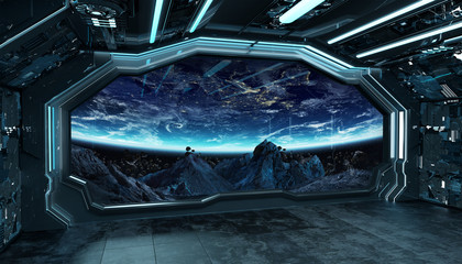 Fototapeta na wymiar Dark blue spaceship futuristic interior with window view on space and planets 3d rendering