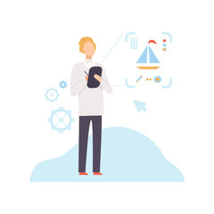 Designer Creating New Project Using Professional Graphics Tablet Computer with Pen, Modern Technologies, Innovative Gadget Vector Illustration