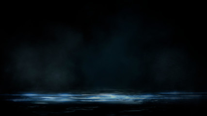 Fototapeta premium Empty street scene background with abstract spotlights light. Night view of street light reflected on water. Rays through the fog. Smoke, fog, wet asphalt with reflection of lights. 