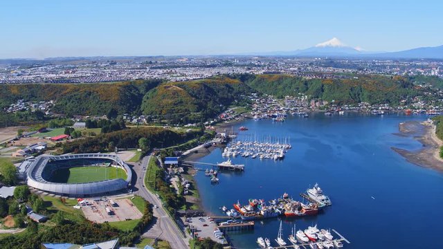 Aerial view over the Tenglo canal in the city of Puerto Montt on a sunny day