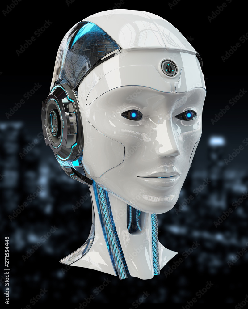 Poster cyborg head artificial intelligence 3d rendering