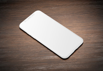 White modern smartphone mockup on wood 3D rendering
