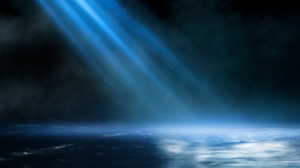 Empty street scene background with abstract spotlights light. Night view of street light reflected...