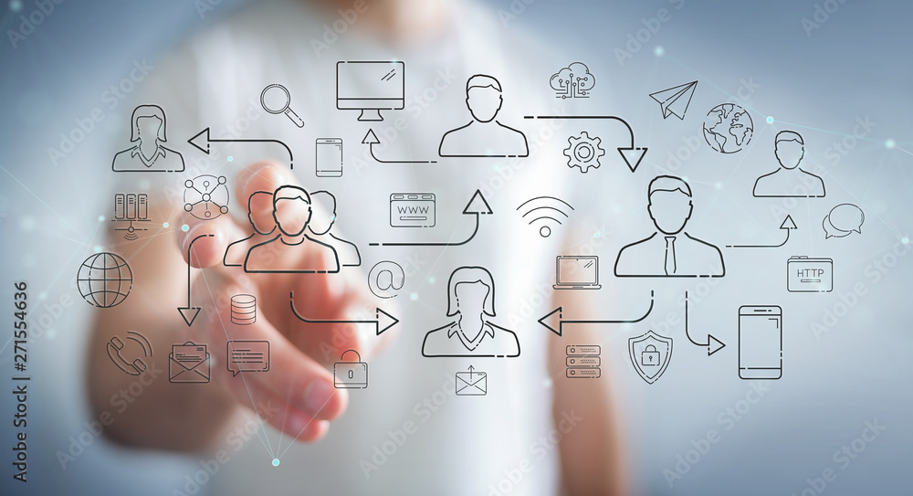 Poster businessman using thin line social network icons interface
