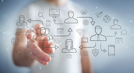 Businessman using thin line social network icons interface