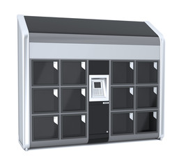 Automatic luggage storage with digital terminal. 3d illustration isolated on white