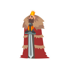 Majestic King in Red Mantle and Golden Crown, Medieval Historical Cartoon Character in Traditional Costume Vector Illustration