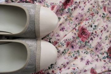 Pink Female Low Shoes on a Pink Dress Background