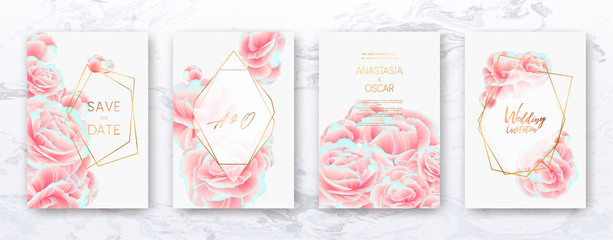 Wedding invitation frame set; flowers, leaves, watercolor, isolated on white. Sketched wreath, floral and herbs garland with green, greenery color. Handdrawn Vector Watercolour style, nature art.