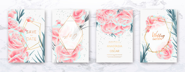 Wedding invitation frame set; flowers, leaves, watercolor, isolated on white. Sketched wreath, floral and herbs garland with green, greenery color. Handdrawn Vector Watercolour style, nature art.