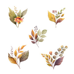Fototapeta Watercolor vector autumn set with leaves and branches isolated on white background. obraz