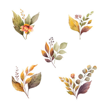 Watercolor vector autumn set with leaves and branches isolated on white background.
