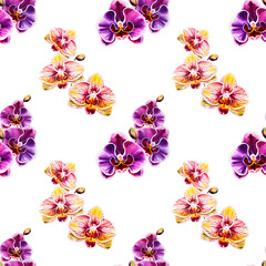 Fototapeta na wymiar Seamless pattern from orchid flowers. Watercolor painting. Exotic plant. Floral print. Botanical composition. Wedding and birthday. Greeting card. Flower painted background. Hand drawn illustration.