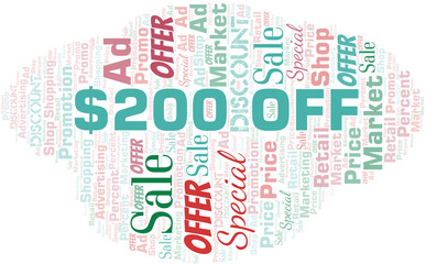 Fototapeta premium $200 Off word cloud. Wordcloud made with text only.