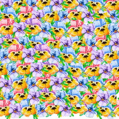 Watercolor colorful floral seamless pattern with hand drawn wild pansy viola flowers for textile, fabric, wallpaper,wrapping.