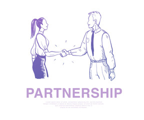 Vector illustration of business people shaking hands making a deal isolated on white background. Hand drawn sketch style. Partnership, office team work, consulting, support concept. Banner, web, app.