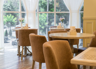 modern restaurant interior with windows and flowers. cafe room illuminated by sunlight