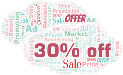 30% Off word cloud. Wordcloud made with text only.